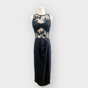 Vintage TOOTSIES Sheer Embroidered Black Satin Dress (Sz 4)